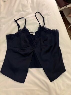 Lace Trim Satin Cami Tank Top — Navy